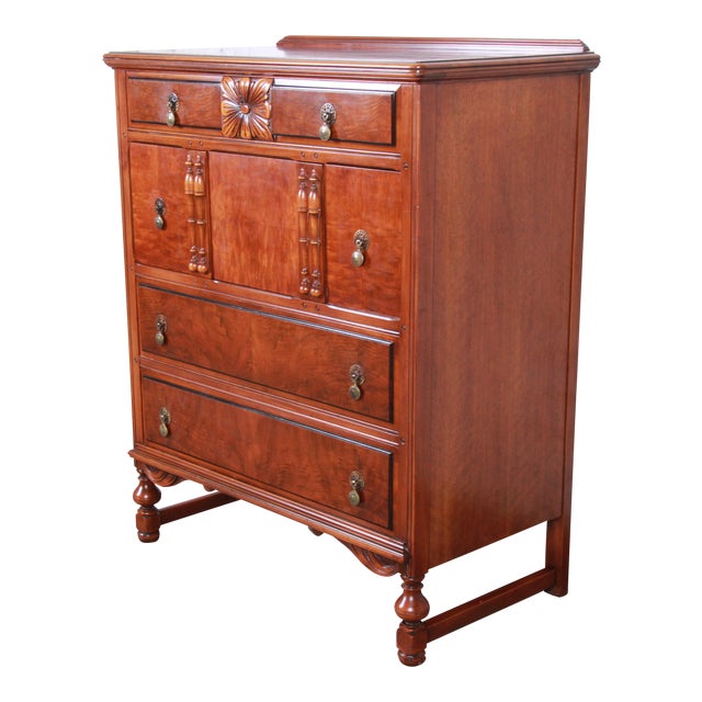 Landstrom Furniture French Carved Burled Walnut Highboy Dresser, Circa