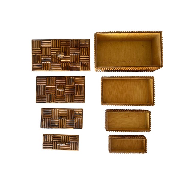 1970s Vintage Bamboo Parquet Boxes With Bamboo Root Pulls, Graduated - Set of 4 For Sale - Image 5 of 13