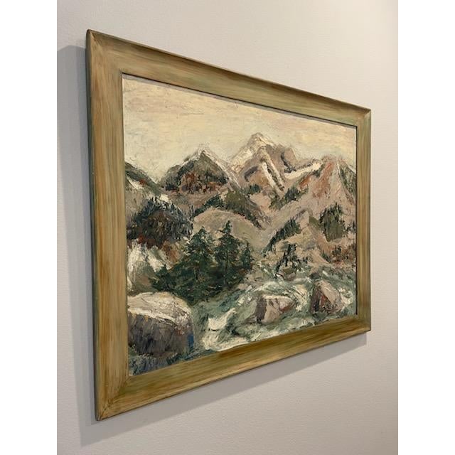 Mountain, green pine trees and nature scenery. Impressionist oil on panel. Signed by Artist on the very low right end...