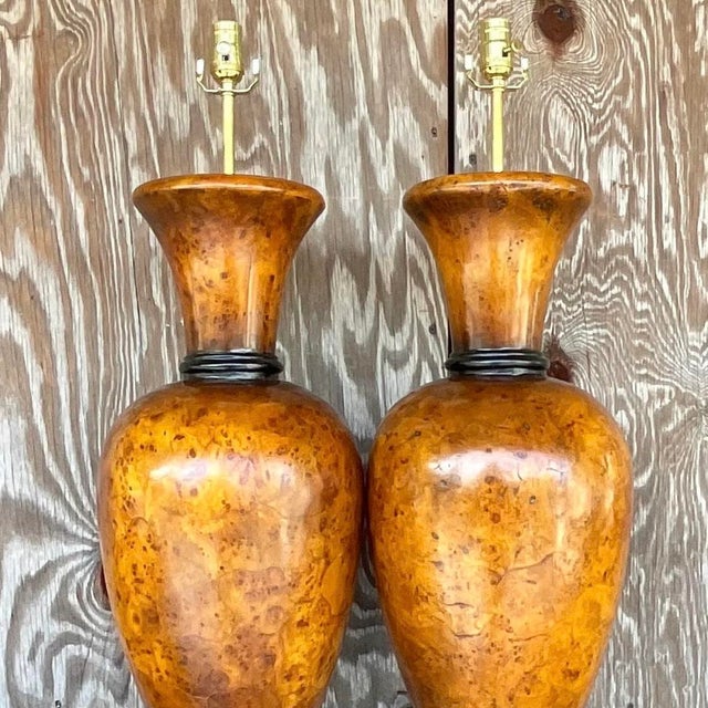 Chocolate Vintage Late 20th Century Boho Burl Wood Urn Lamps - a Pair For Sale - Image 8 of 15