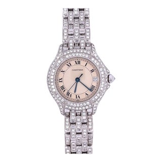 Vintage Cartier 28mm Round Dial Ballon Watch in 18k White Gold With Diamonds For Sale