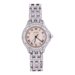 Vintage Cartier 28mm Round Dial Ballon Watch in 18k White Gold With Diamonds