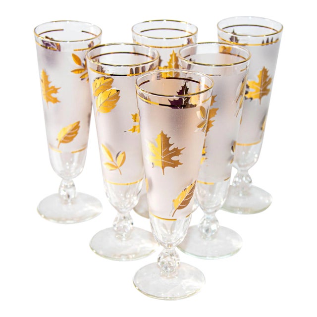 1950s Libbey Golden Foliage Pilsner Glass Set of 6 Frosted With Gold Leaf For Sale