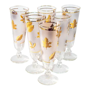 1950s Libbey Golden Foliage Pilsner Glass Set of 6 Frosted With Gold Leaf