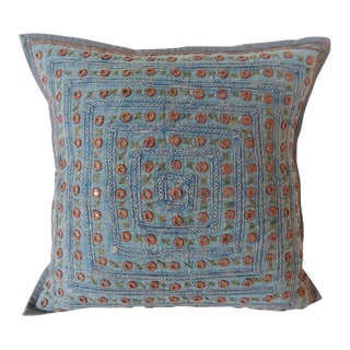 Petite Blue and Orange Mirror Sequins Embroidered Indian Pillow For Sale