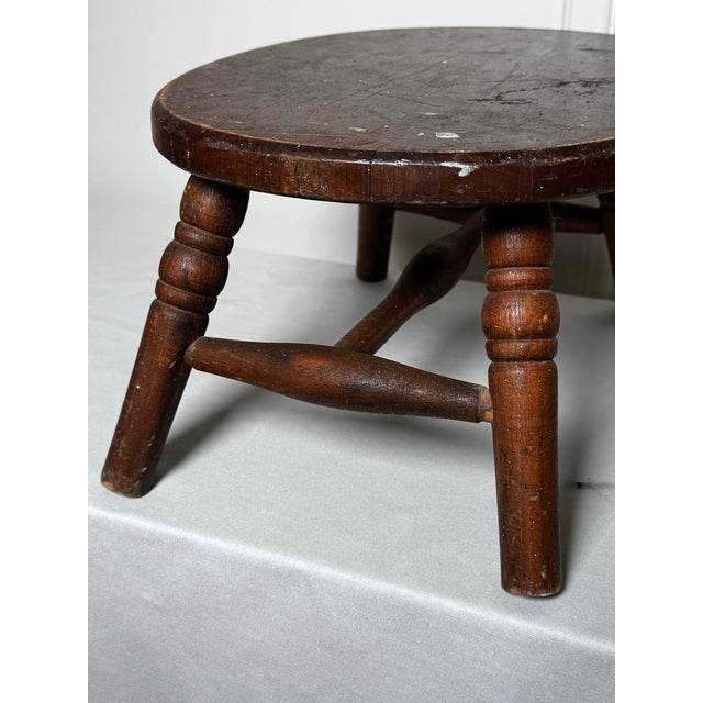 Vintage Early American Primitive Oval Splayed Solid Wood Turned Leg Low Stool For Sale - Image 4 of 10