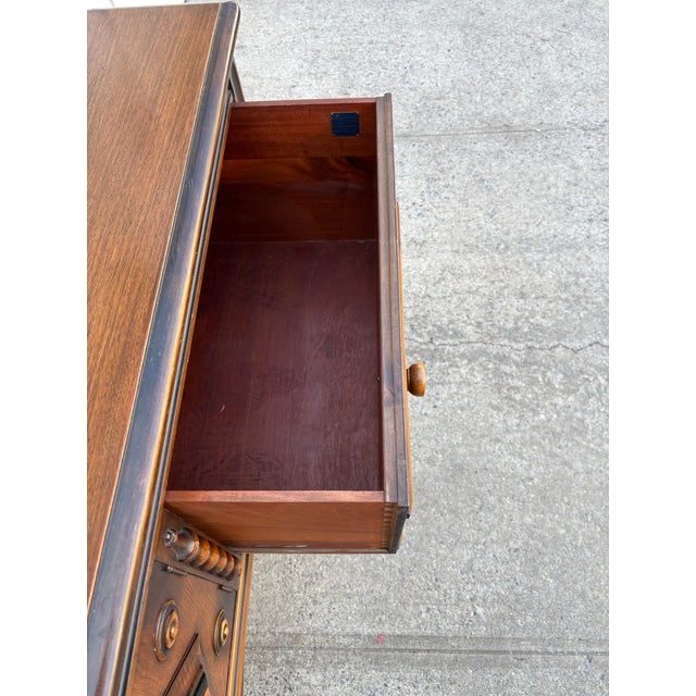 Antique Jacobean Revival Sideboard | Walnut Tudor Style Buffet | Carved Wood Credenza | Vintage English Manor Cabinet | Antique Dining Room For Sale - Image 10 of 12