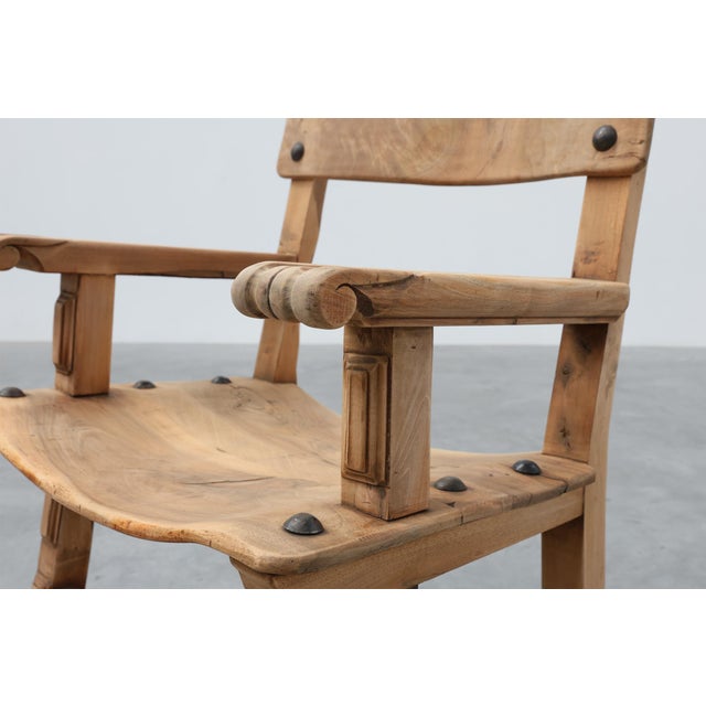 Rustic Brutalist Armchair with Carved Rosettes and Nailed Wooden Seat, Spain, 1950s For Sale - Image 3 of 16