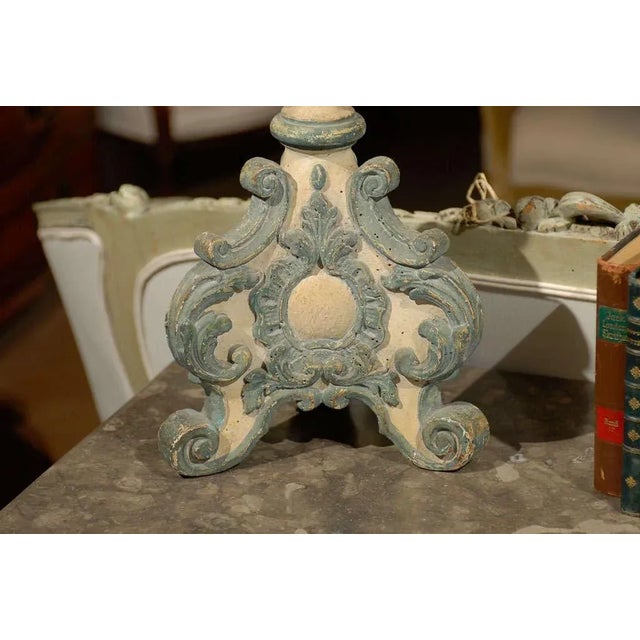 18th Century 18th Century Italian Rococo Single Carved Candlestick, Painted with Blue Accents For Sale - Image 5 of 10