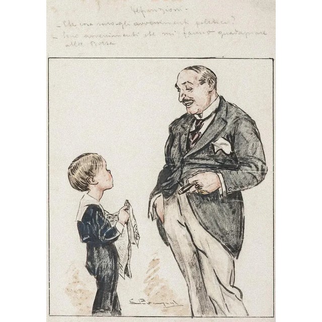Man and Child'' is an original watercolor and pen drawing on ivory-colored paper, Hand-signed by Luigi Bompard...