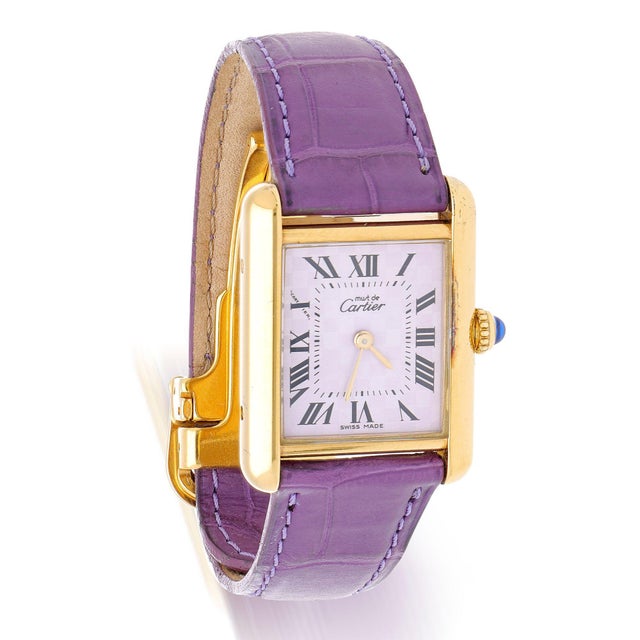 2000 - 2009 Cartier Must De Cartier Tank 2415 Japan Limited Purple Checkerboard Dial Vermeil For Sale - Image 5 of 16