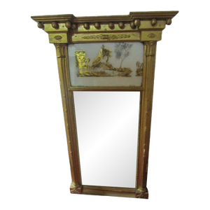 Circa 1820 American Giltwood Mirror With Églomisé Panel Woodland Scene With Bird