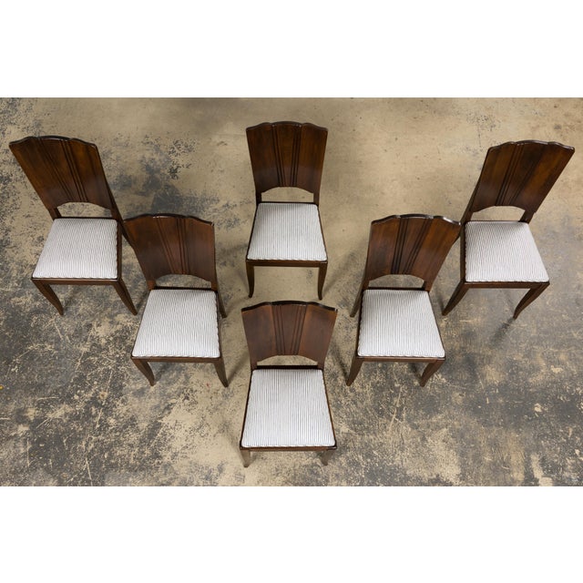1920s French Art Deco Walnut Dining Chairs W/ Striped Linen - Set of 6 For Sale In New York - Image 6 of 18