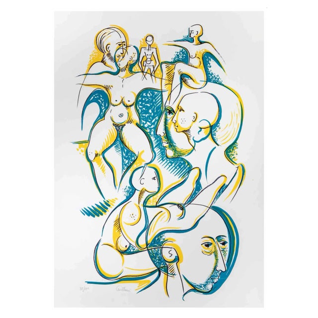 Alberto Cavallari, Blue and Yellow Figures, Lithograph, 1970s For Sale