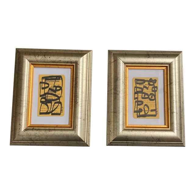 Contemporary Two Original Wayne Cunningham Abstract Marker Drawings on Vintage Registration Cards- Set of Two For Sale
