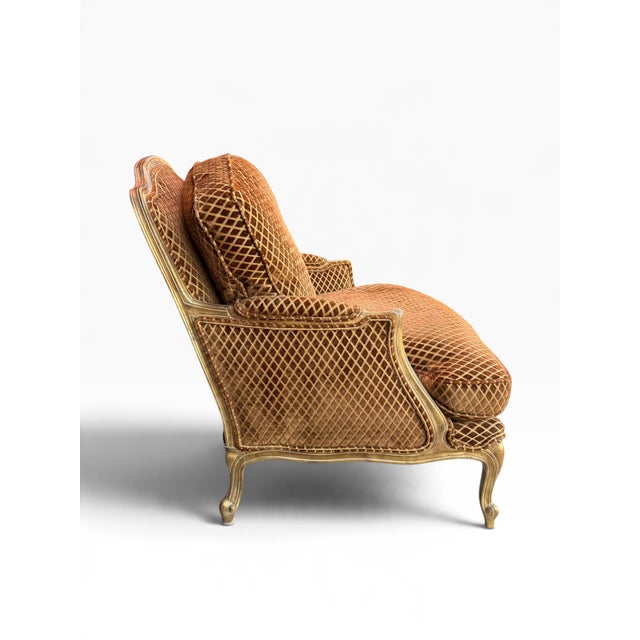 Custom-Made Louis XV–Style Giltwood Bergère Chairs in Diamond-Patterned Velvet (A Pair) For Sale In Boston - Image 6 of 14