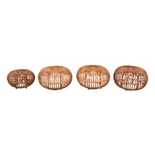 Franco Albini Mid-Century Organic Modern Italian Rattan Pouf Ottomans, Set of Four For Sale