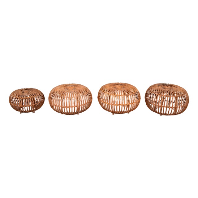 Franco Albini Mid-Century Organic Modern Italian Rattan Pouf Ottomans, Set of Four For Sale