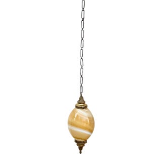 Light Pendant : Vintage Murano Style Very Large Oval Shaped Blown Glass Pendant With “Onyx” Glass Swirl Golden Coloration and Brass Fittings For Sale