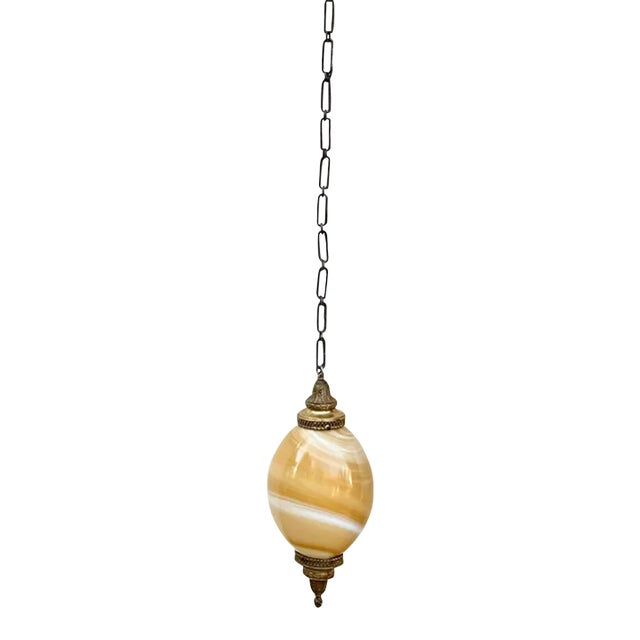 Light Pendant : Vintage Murano Style Very Large Oval Shaped Blown Glass Pendant With “Onyx” Glass Swirl Golden Coloration and Brass Fittings For Sale