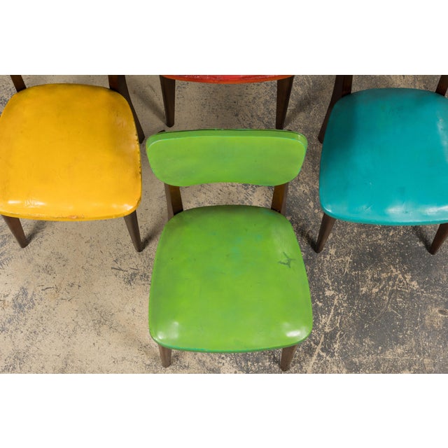1950s Mid Century Modern French Oak Dining Chairs in Rainbow Vinyl - Set of 6 For Sale - Image 5 of 18