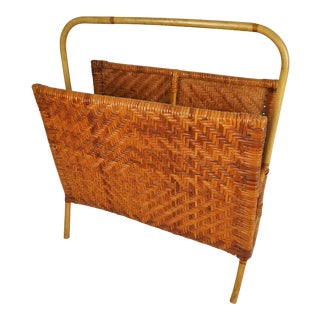 Large Mid-Century Woven Rattan & Bamboo Magazine Rack For Sale