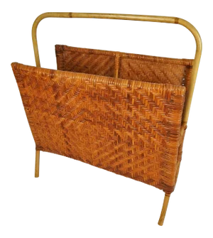Large Mid-Century Woven Rattan & Bamboo Magazine Rack