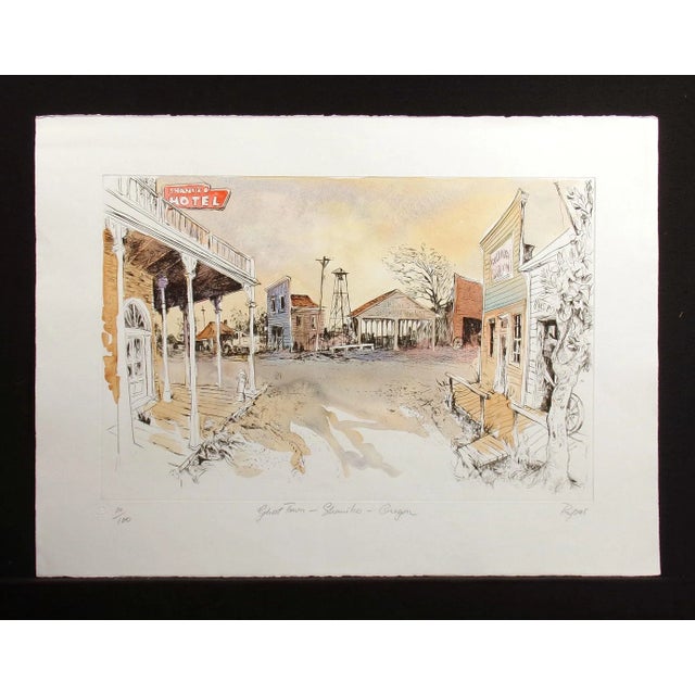 "Ghost Town - Shaniko, Oregon" by William Papas Hand Colored Drypoint Etching Hand signed, painted with watercolors by the...