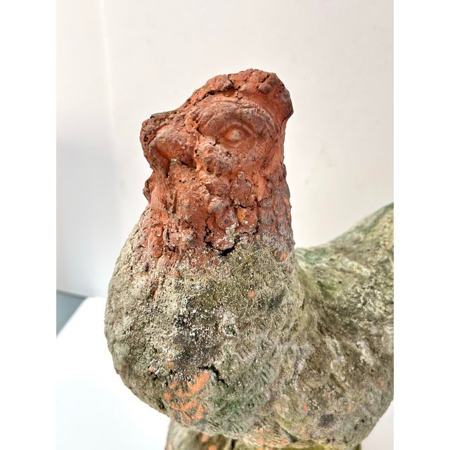 Vintage Weathered Terracotta Rooster Garden Statue With Moss Patina For Sale - Image 4 of 9