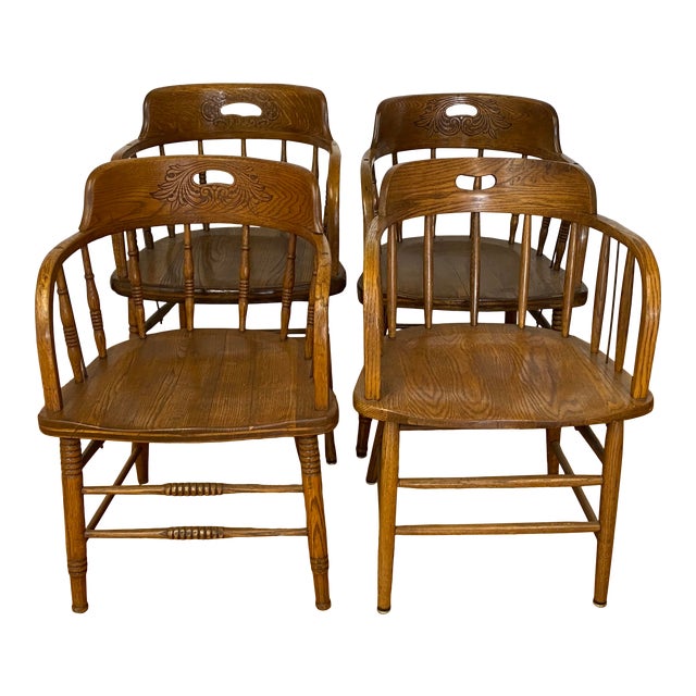 Set of Four Early 20th Century MisMatched Barrel Back Oak Pub Chairs