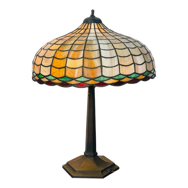 Antique Tiffany Studios Style Bronze Glass Lamp Numbered For Sale