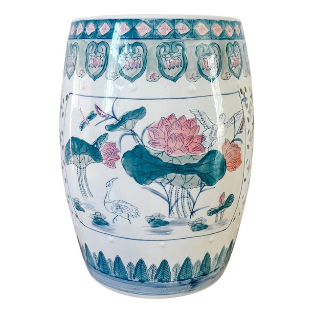Vintage 1960 Century Chinese Ceramic Pink Lotus Garden Stool For Sale