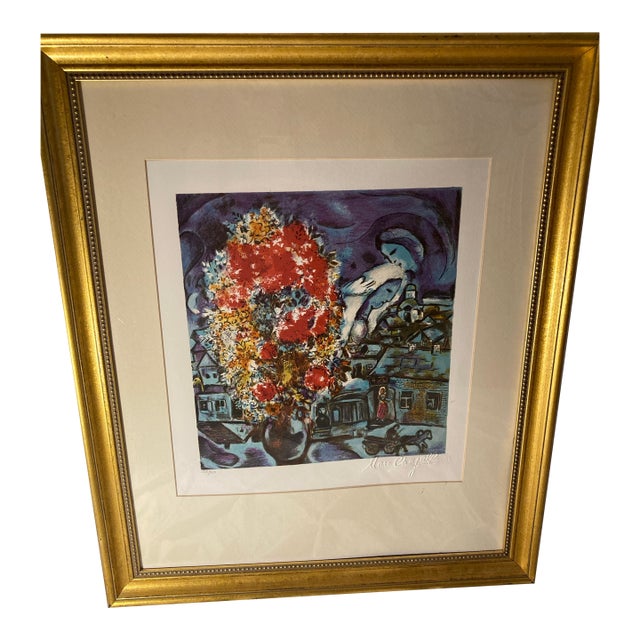 Mid 20th Century Lithographic Technique Reproduction of an Original Work by Marc Chagall. Name: Le Bouquet Et Le Village Bleu Year: For Sale