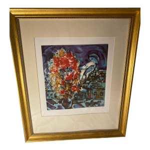Mid 20th Century Lithographic Technique Reproduction of an Original Work by Marc Chagall. Name: Le Bouquet Et Le Village Bleu Year: