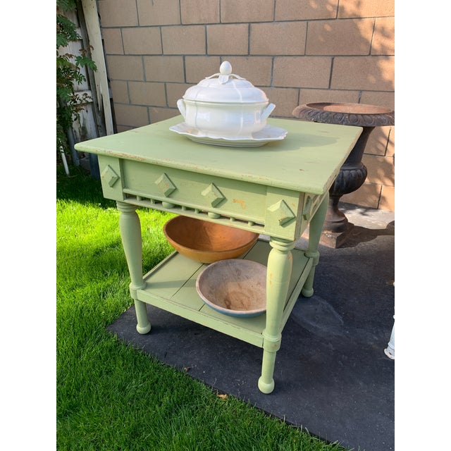 Antique Primitive Work Table Rustic Green Paint For Sale - Image 12 of 13