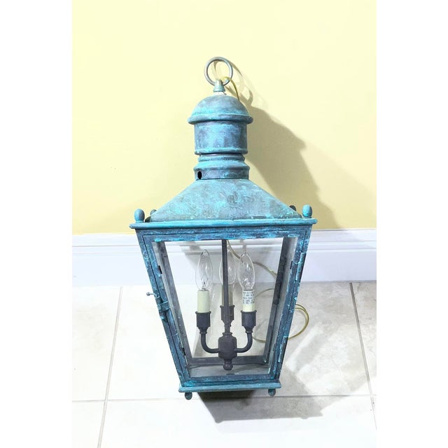 American Single Vintage Brass Hanging Lantern - 12”x 12”x 24” For Sale - Image 3 of 17