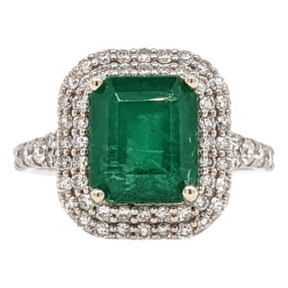 2.3ct Zambian Emerald Ring w Earth Mined Diamonds in Solid 14k Gold Cushion 8x7 For Sale