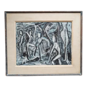 Mid-Century Modern Abstract Painting With Figures, Unsigned