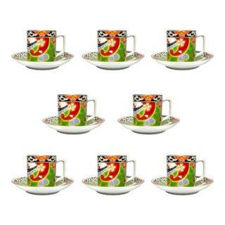 1980s Vintage Porcelain Japanese Imari Arita Flower Demitasse Espresso 8 Cups Saucers - 16 pcs For Sale