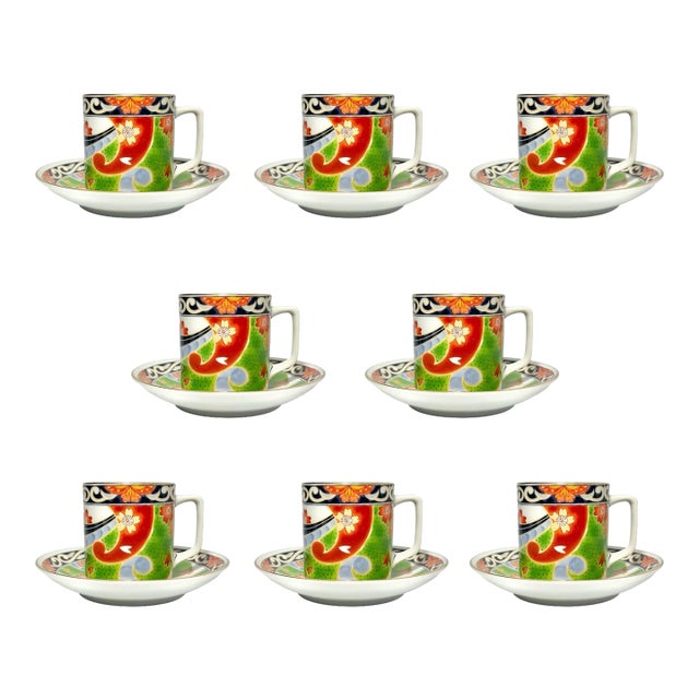 1980s Vintage Porcelain Japanese Imari Arita Flower Demitasse Espresso 8 Cups Saucers - 16 pcs For Sale