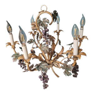 1950s Italian Tole Metal Grapes Autumn Six Lights Chandelier