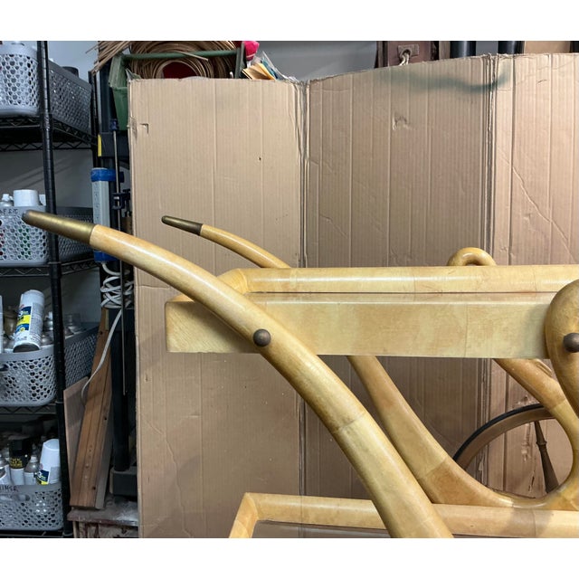 Ivory Italian Art Deco Modern Aldo Tura Swan Form Lacquered Goatskin Bar Cart For Sale - Image 8 of 9