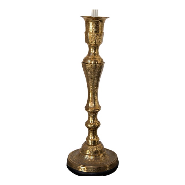 Vintage Anglo-Indian Engraved Brass Candlestick Table Lamp, Circa 1950 For Sale