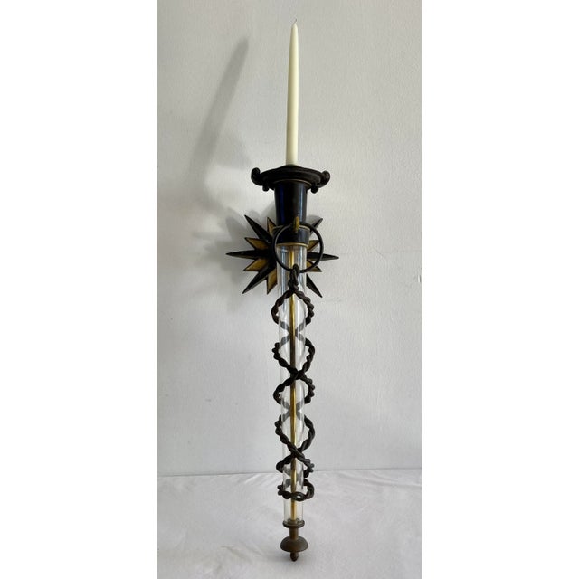 Large 1950s Torchiere Wall Lamp in Iron and Bronze in the Gilbert Poillerat Style For Sale - Image 13 of 13