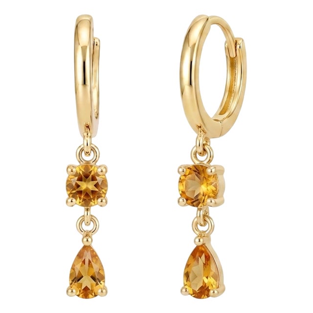 18k Gold Plated Citrine Dangle Earrings | Two-Stone Drop Huggies | Round & Pear Cut Hoops | November Birthstone - A Pair For Sale