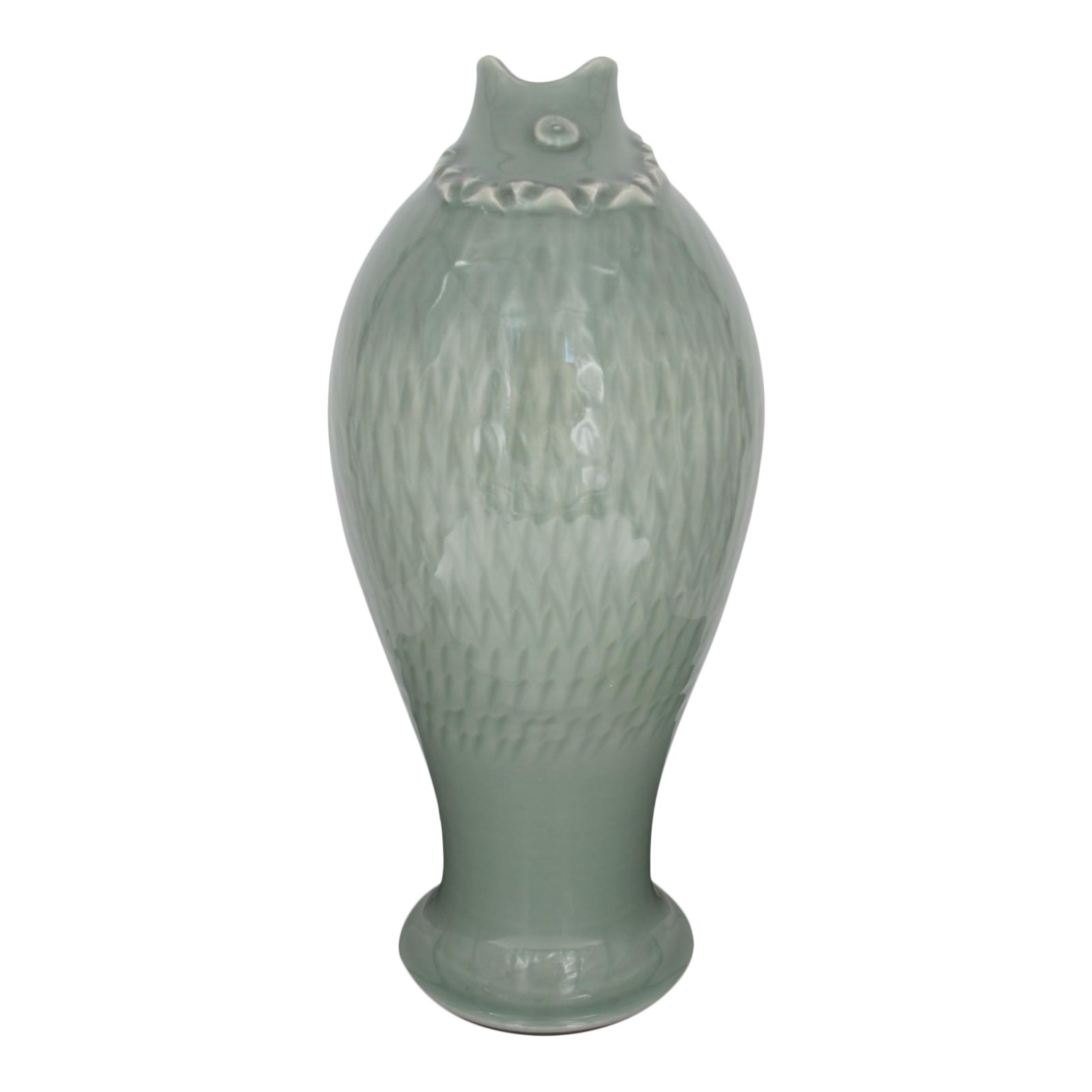 Chinese Green Glossy Celadon Open Mouth Fish Vase Chairish