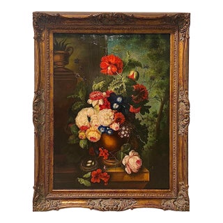 Late 20th Century Vintage Dutch Style Lacquered Floral Oil Painting in Giltwood Gold Frame For Sale
