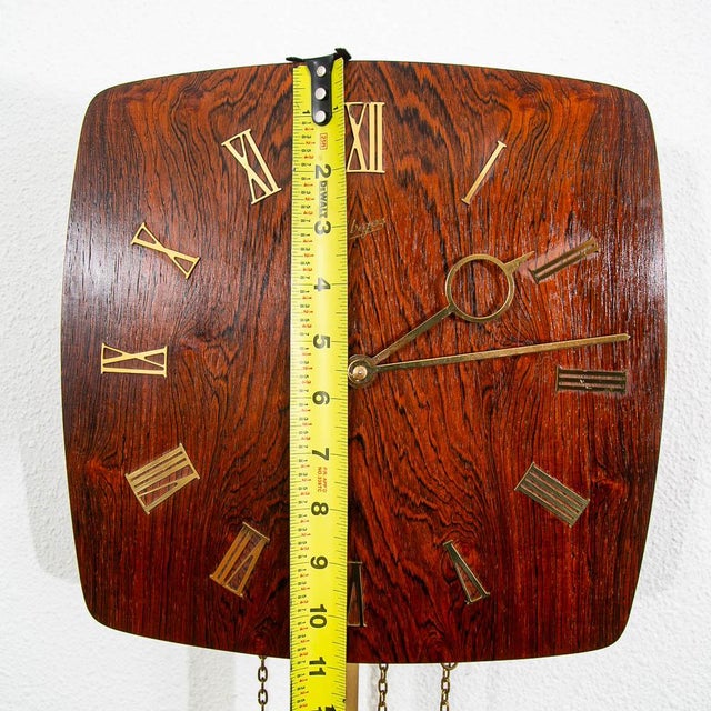 Mid Century Modern Wall Clock Rosewood Pendulum Weights Hanging Square Chime For Sale - Image 9 of 9