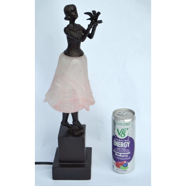 1970s Art Deco Bruno Zach Attributed Bronze Sculpture Female Dancer Table Lamp Art Glass Shade For Sale - Image 12 of 15
