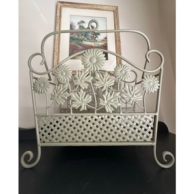 Vintage Late 20th Century Wrought Iron Floral Magazine Rack With Daisy & Leaf Metalwork- Cottage Shabby Chic Décor For Sale In Orlando - Image 6 of 12
